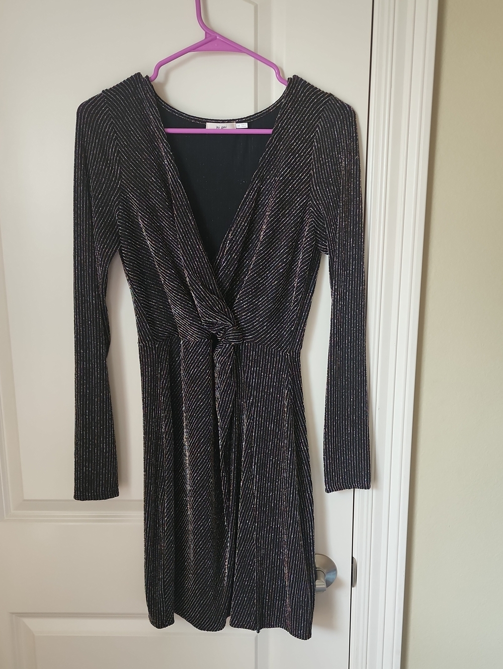 miami Black Metallic Stripe Long Sleeve Wrap Knot Dress